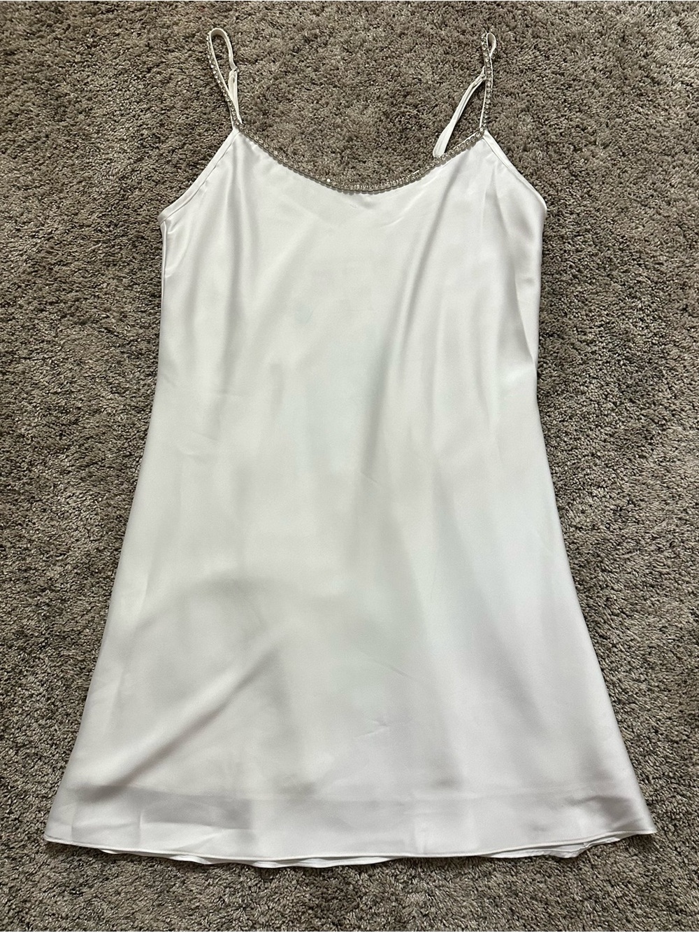 Birdy Grey White Shiny Satin Rhinestone Trim Cowl Mini Dress